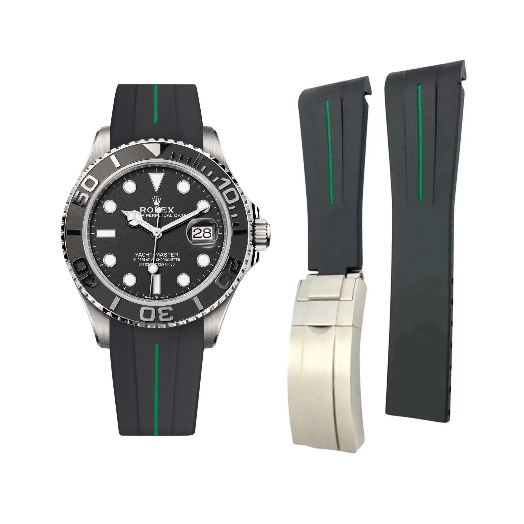 Deployant Rubber Strap - For Rolex Yacht-Master 40mm/42mm - Black w/Green Line | LuxLine®